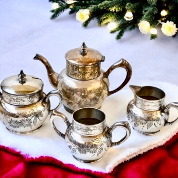 Antique C Rogers & Bros Tea Coffee Set Sugar & Creamer 4 Pieces Silverplate - Picture 15 of 16